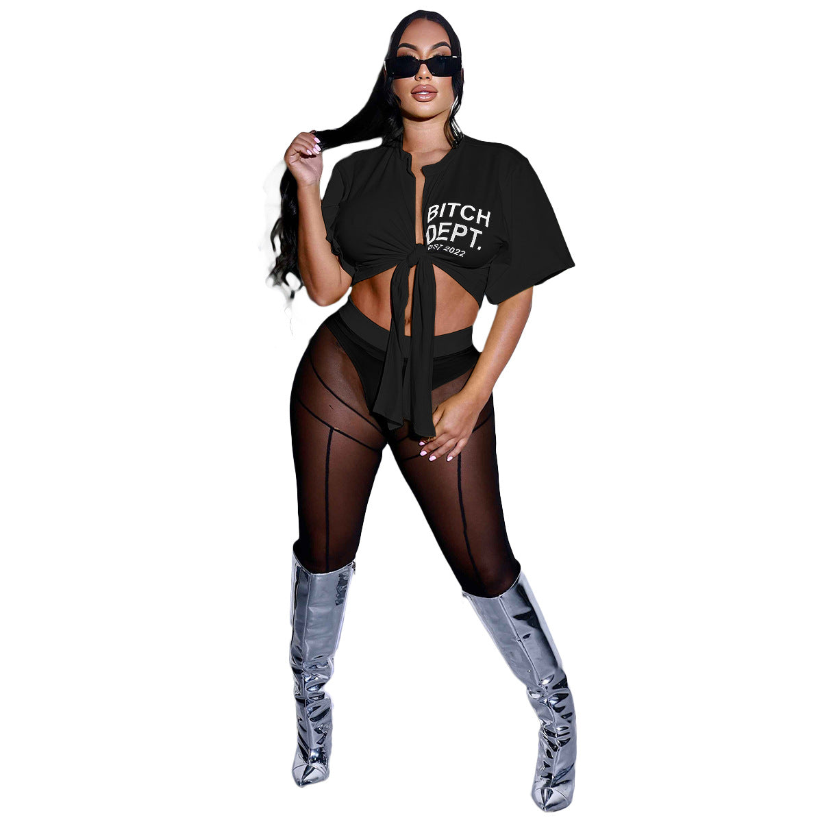 Fashion Sexy Lace-Up T-Shirt Mesh Pants Two-Piece Set 9