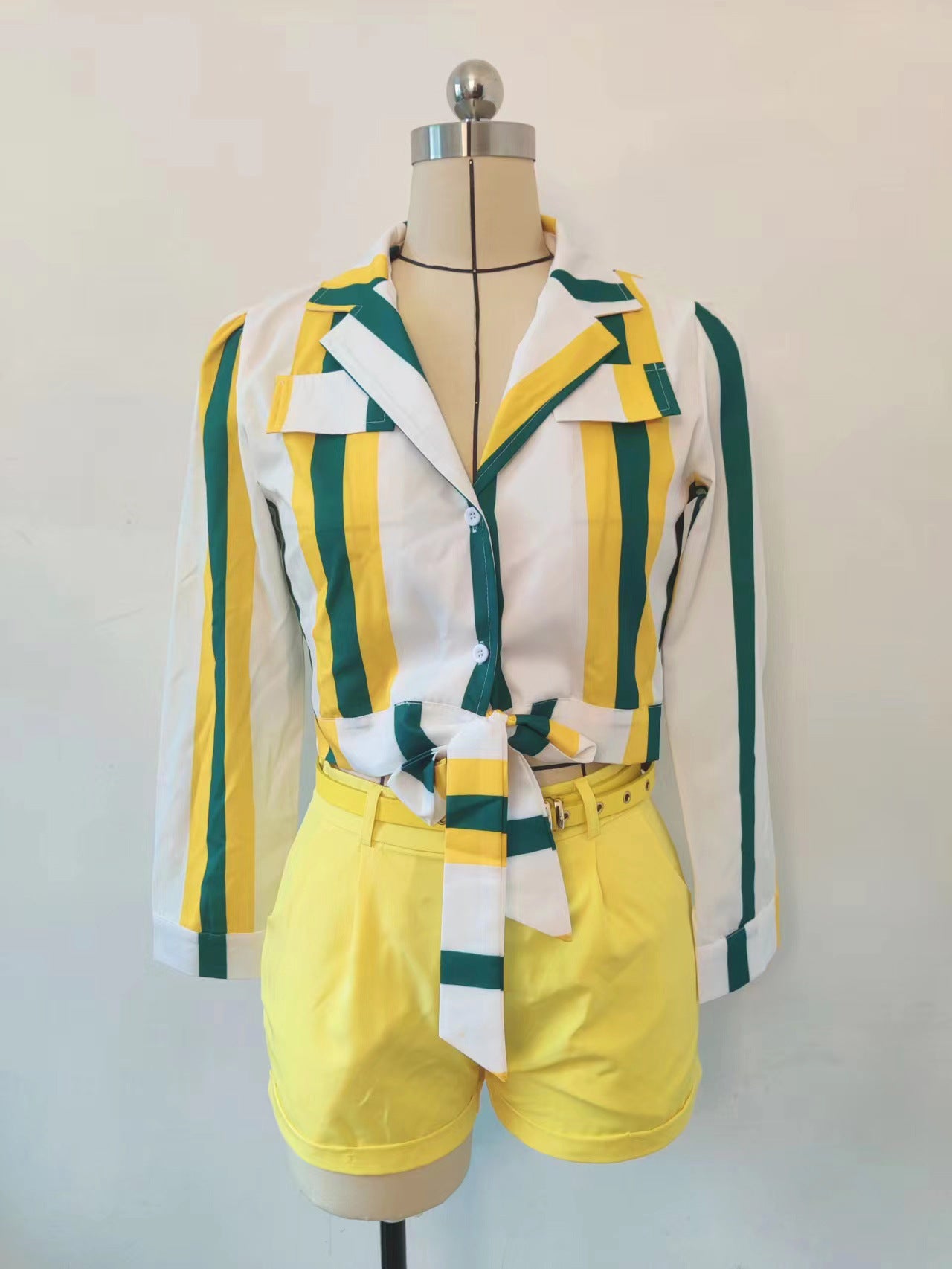 Women's Striped Digital Print Lace-Up Short Turndown Collar Shirt Shorts Two-Piece Set 7