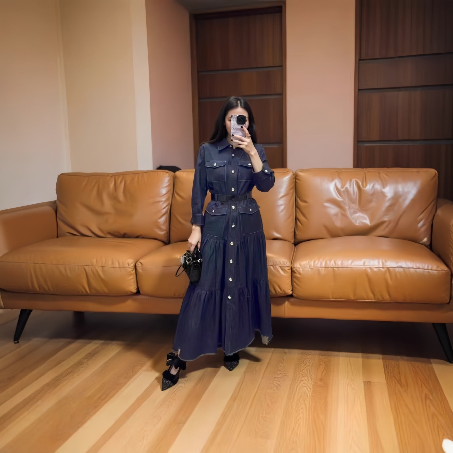 Women's Turndown Collar Metal Button High-Waist Denim Skirt 5