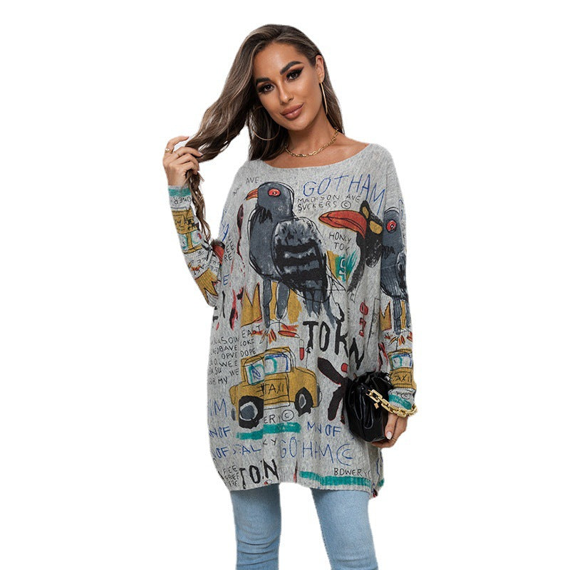 Plus Size Cartoon Print Sweater Long Sleeve Women Casual Pullover Loose Knitting Shirt Top 15