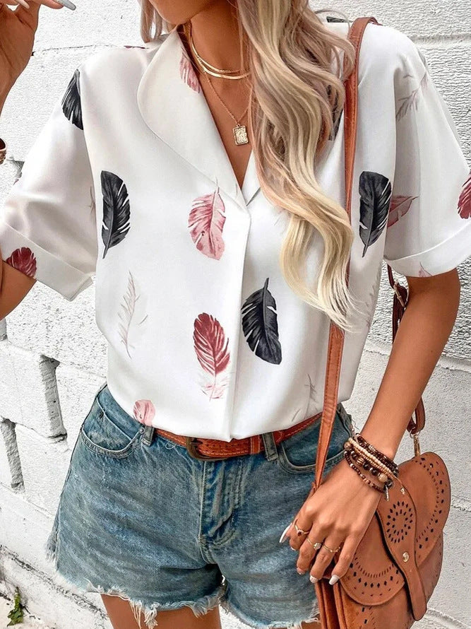 Spring And Summer Women's Turndown Collar Feather Print Shirt 12
