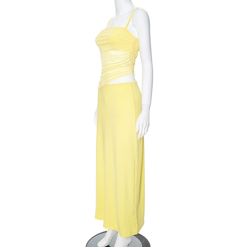 Women's summer Casual sleeveless pleated Strap top slim long skirt two piece set for women 9