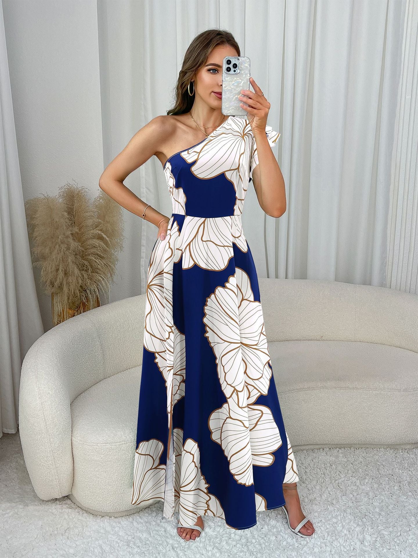 Chic Print Slash Shoulder High Slit Long Dress 3