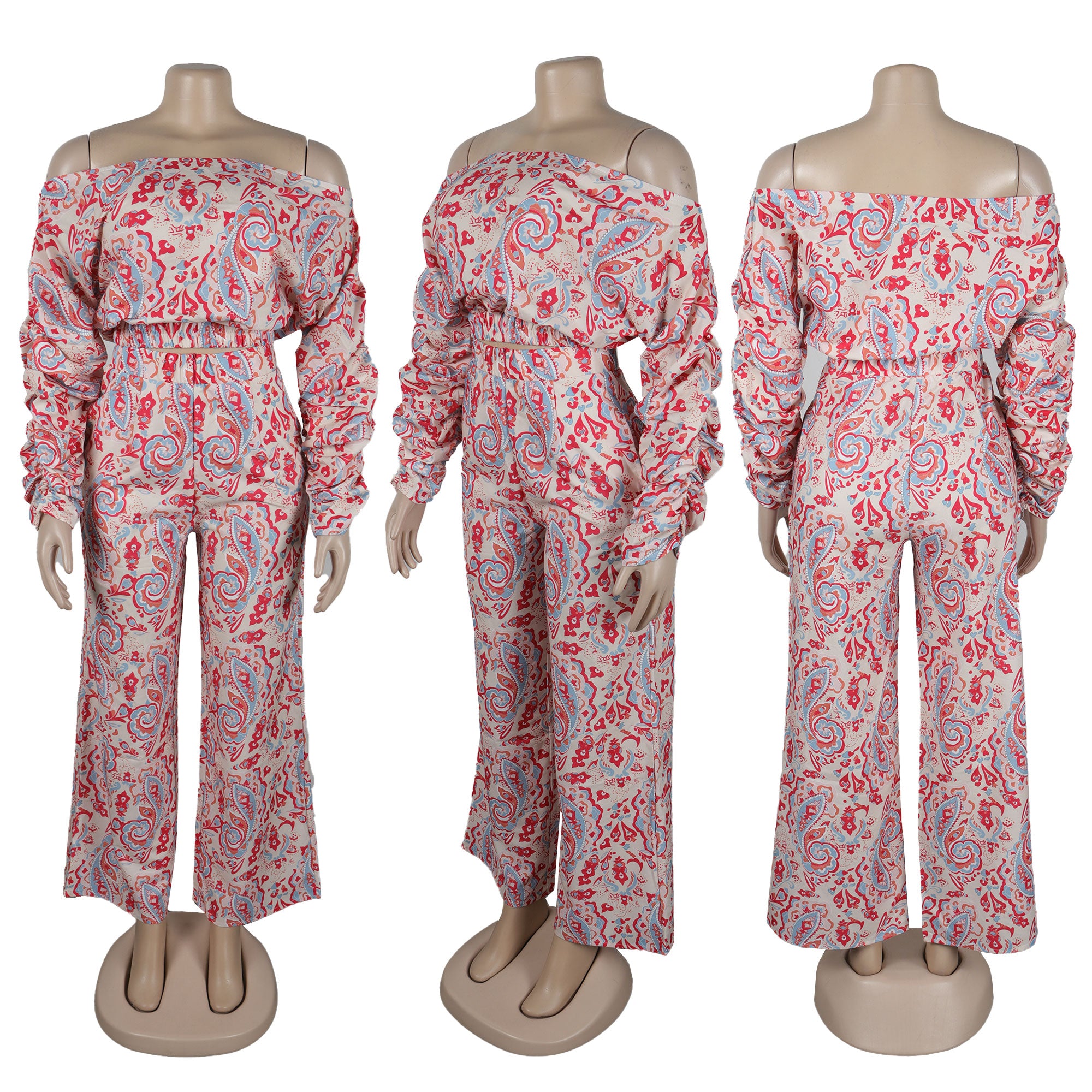 Women Sexy Printed Loose Off Shoulder Elastic Pleated Long Sleeve Top and Wide Leg Pants Two-piece Set 5