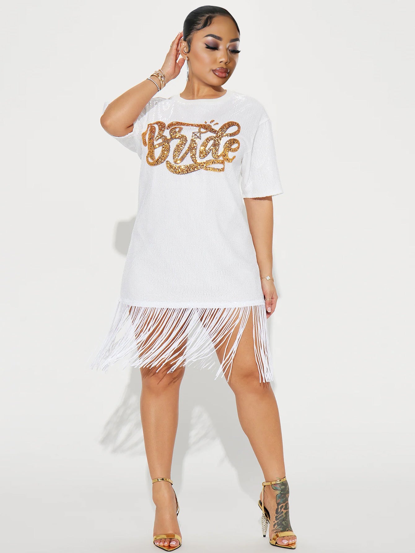 Women Round Neck Short Sleeve Tassel Dress 3