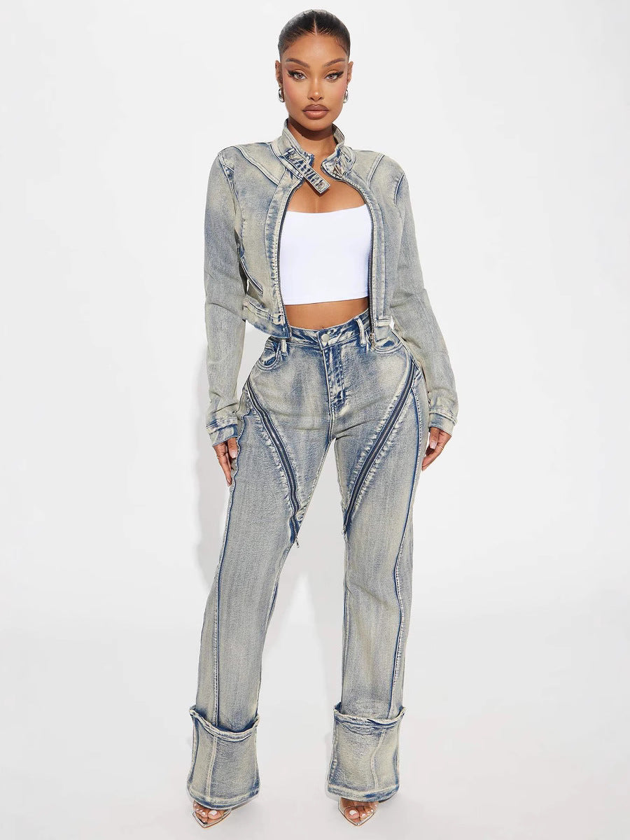 Women Spring Sexy Stretch Washed Zipper Denim Jacket Top and PantsTwo Piece Set 6