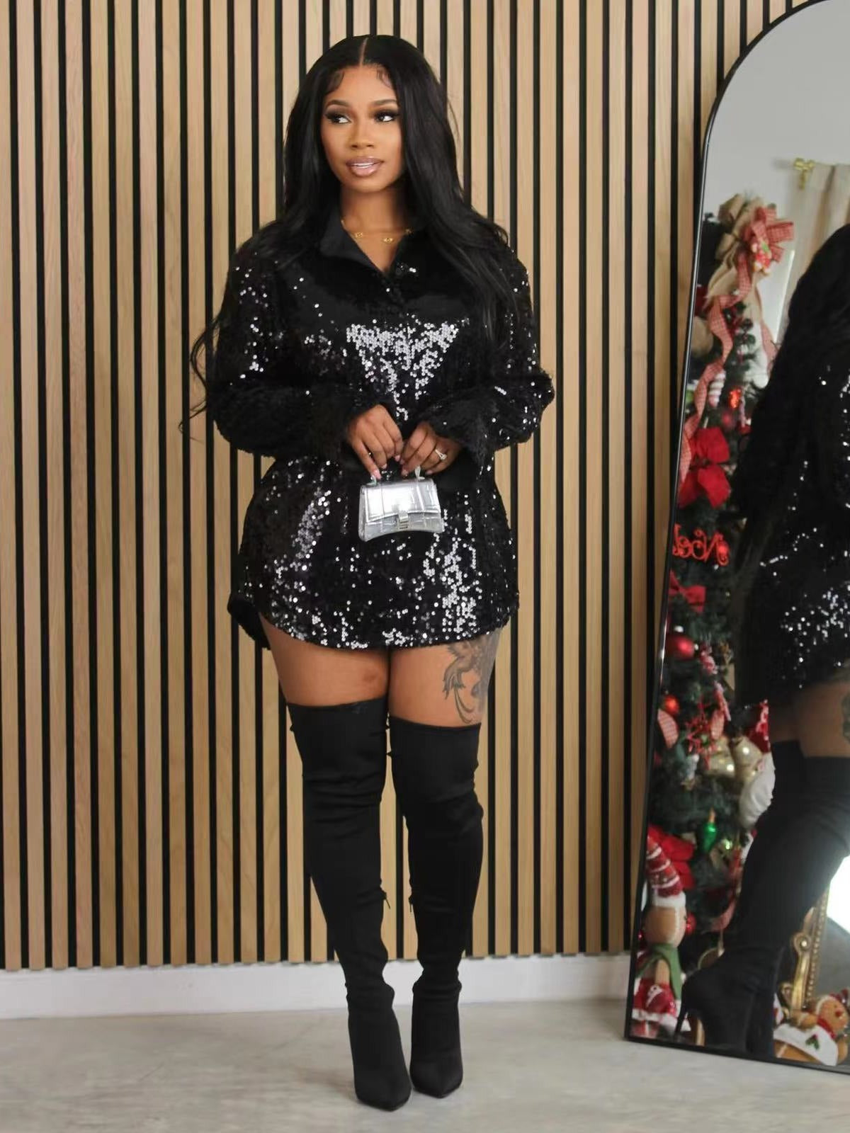 Women's Solid Sequin Loose Long Sleeve Shirt Dress 6