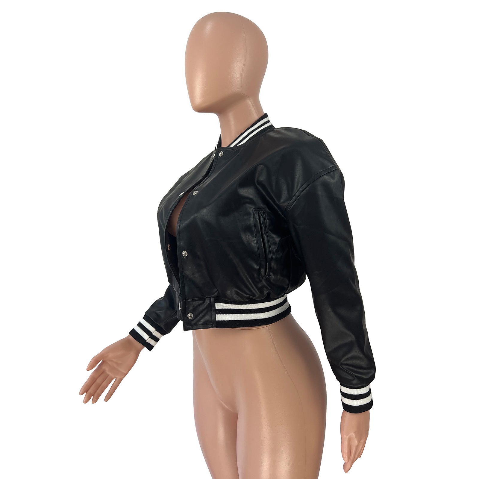 WomenCasual Ribbed Collar Pu-Leather Jacket 34