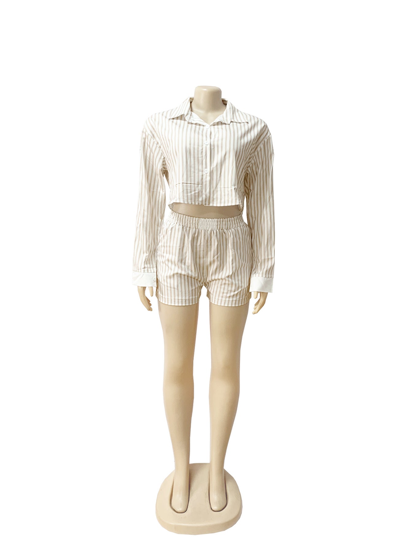 Women Spring and Summer Career Casual Turndown Collar Striped Long Sleeve Shirt Shorts Two-piece Set 12