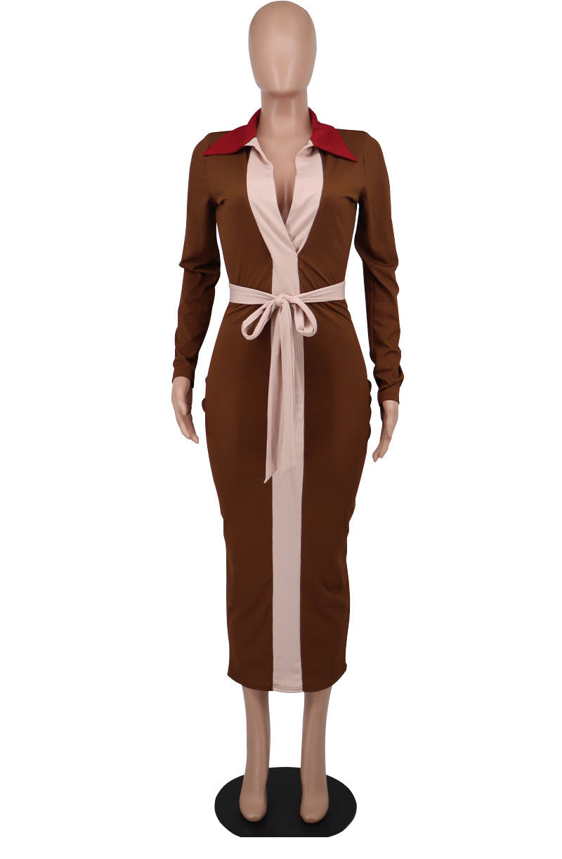 Women Fall Long Sleeve Contrast Belt Dress 12