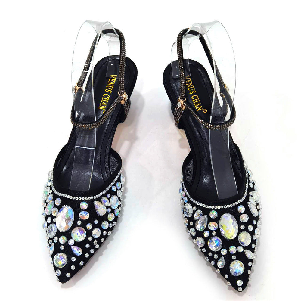 Comfortable Women's Pointed Toe Thin Strap Sandals Lace Diamonds Cylindrical Tassel Wedding Bag 18