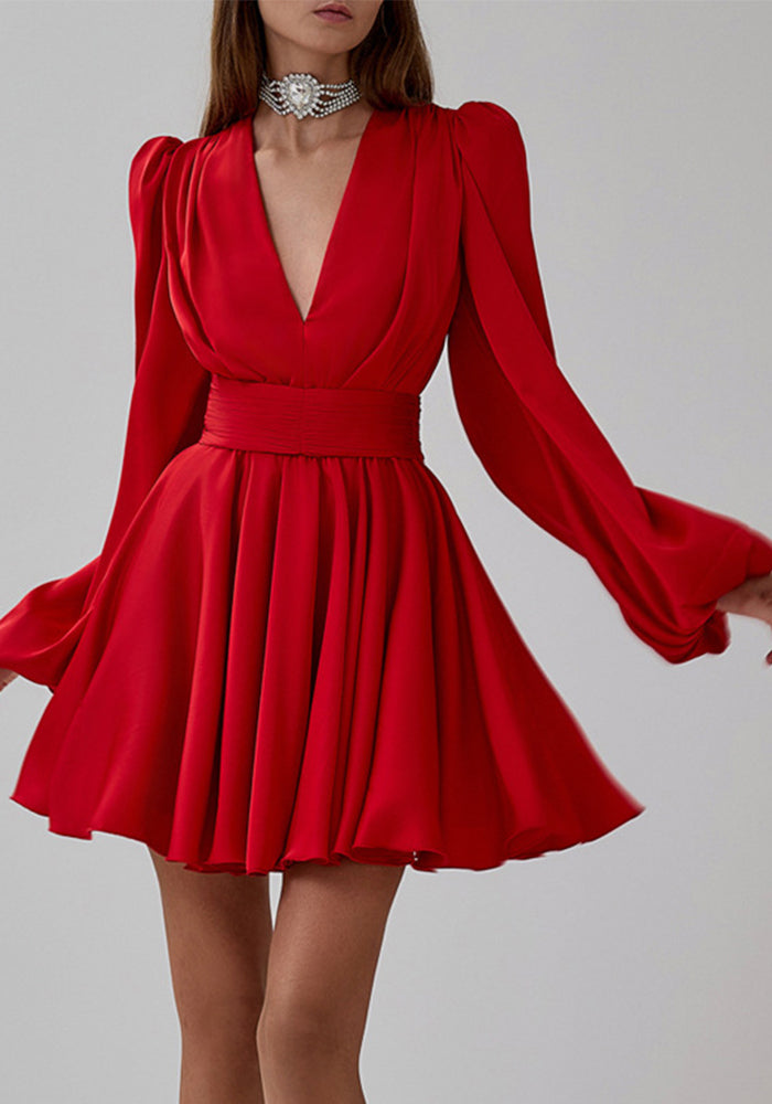 Women French pleated dress puff sleeve v-neck Belt dress