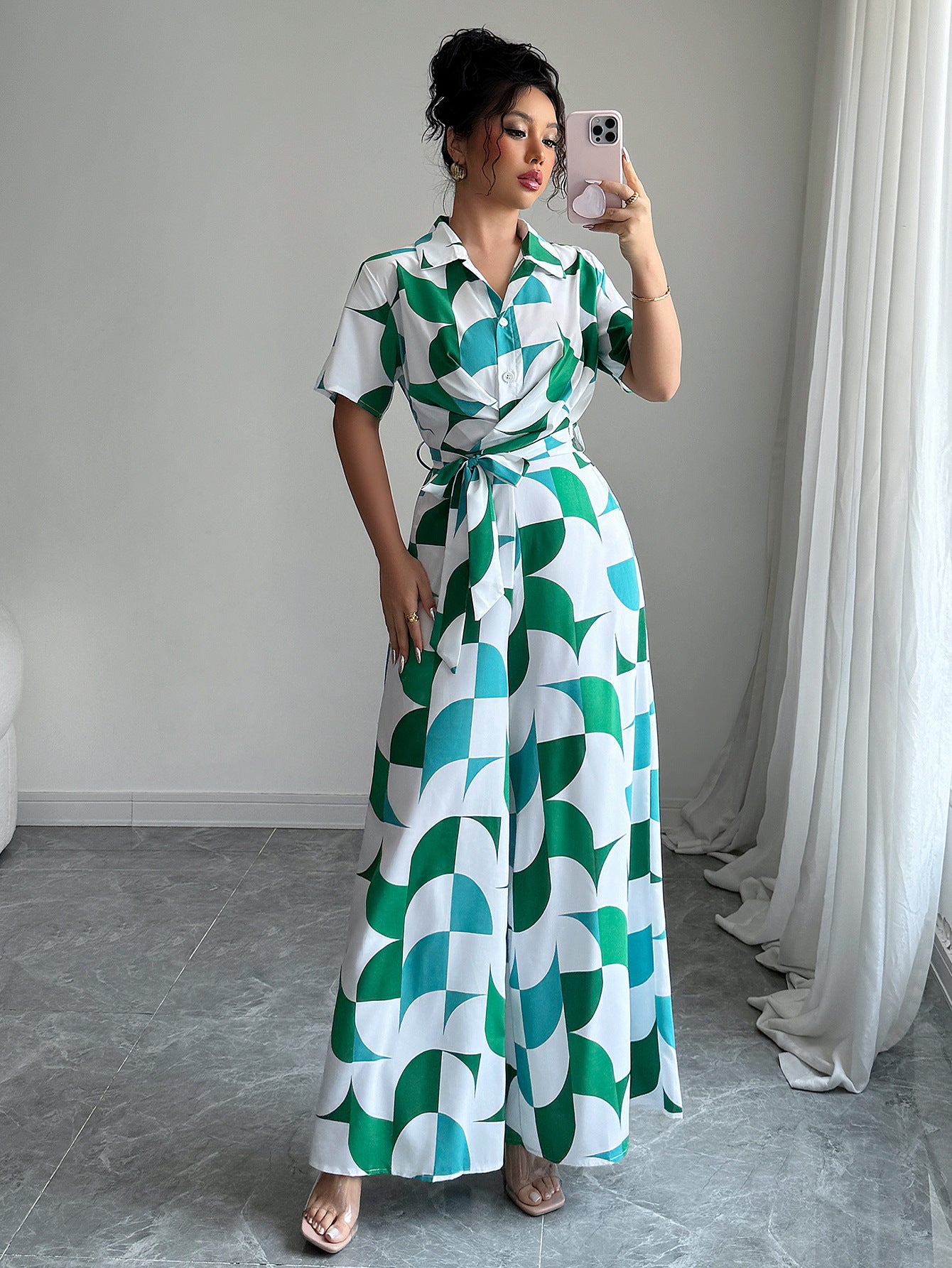 Women Elegant printed short-sleeved wide-leg jumpsuit