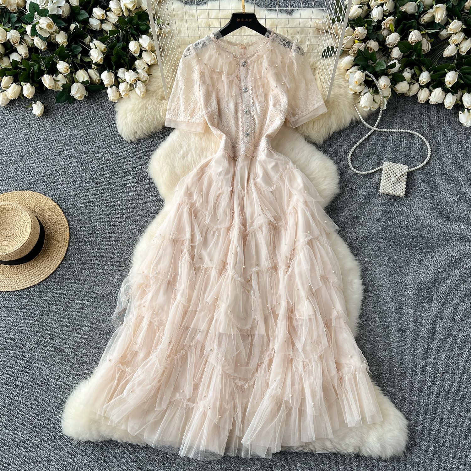 Women French Beaded Embroidered Short Sleeve Puffy Mesh Dress 7