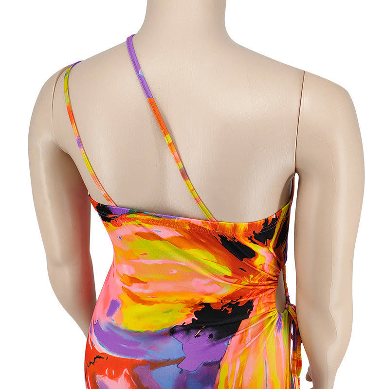 Plus Size Women's Summer Sexy Printed Strap Low Back Slim Dress 28