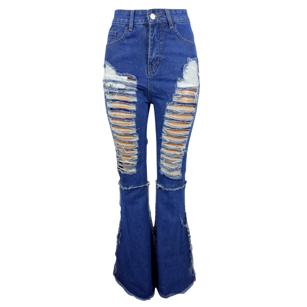 Women's Fall/Winter Style Front And Back Ripped Denim Bell Bottom Pants 11