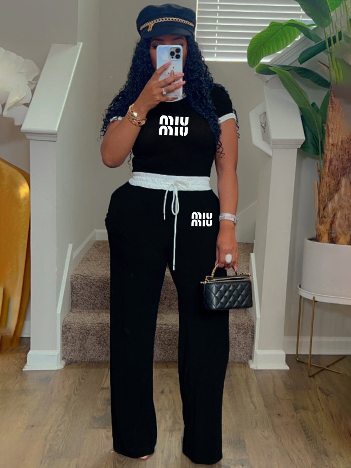 Women casual street contrast color printing Round Neck short-sleeved Top and Pant two-piece set 9