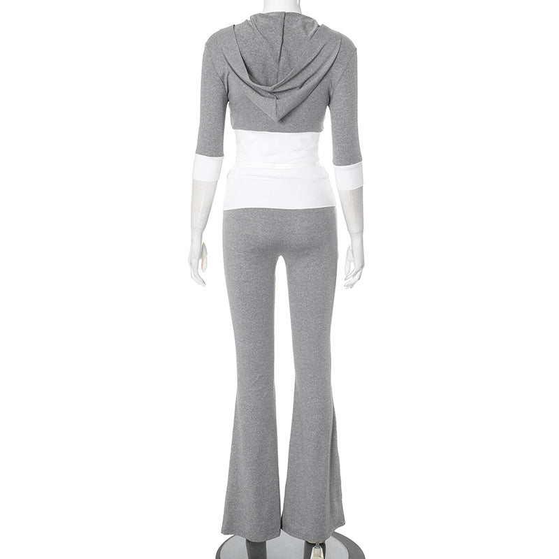 Women contrast color Patchwork hooded Top and Bell-Bottom Pants two-piece set 7