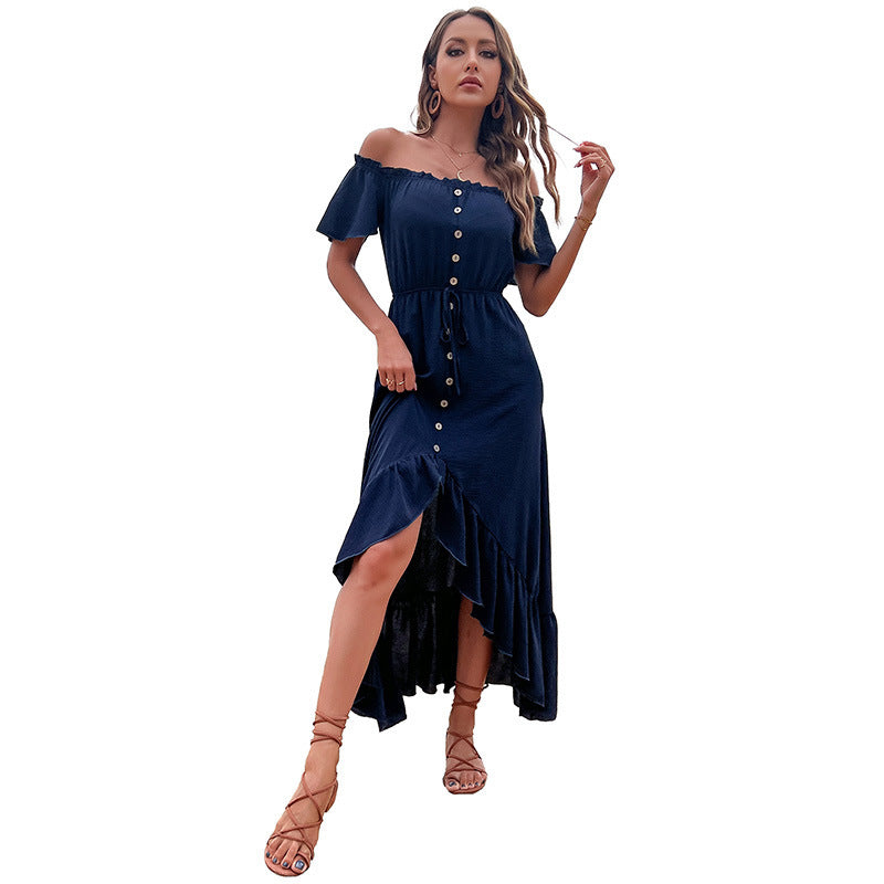 Summer Women Off Shoulder Ruffle Sleeve Irregular Dress 6