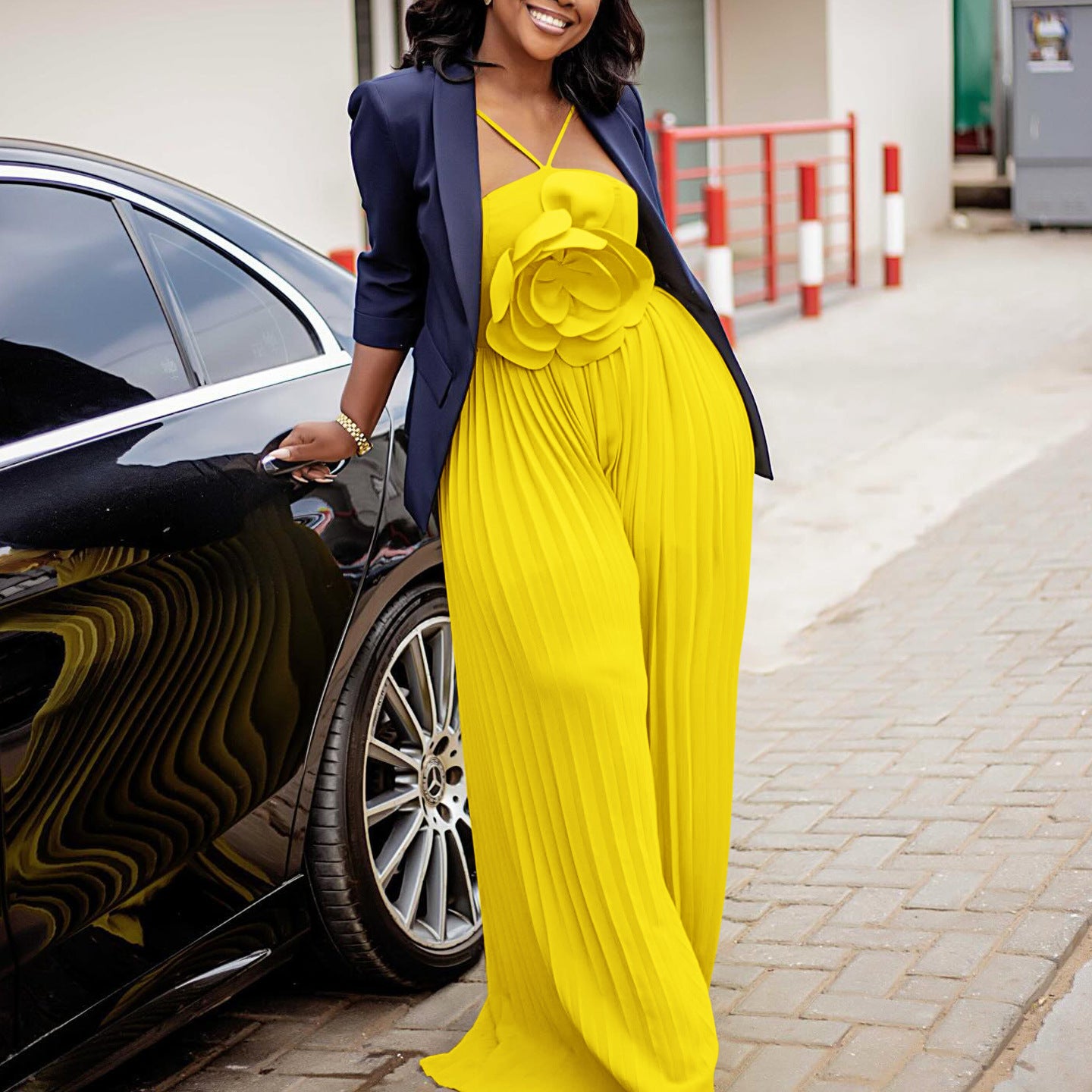 Women's Fashion Sexy Strap Flower Solid Color Pleated Jumpsuit