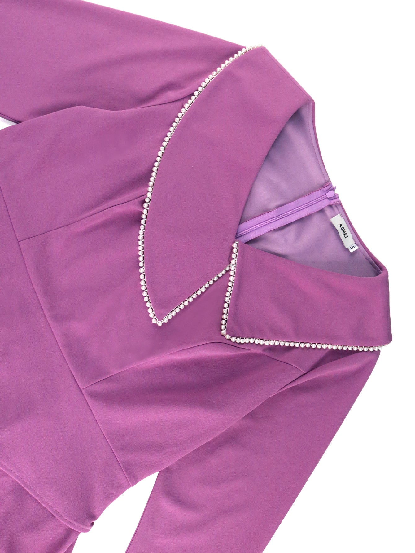 Chic Purple Ruffle Pearl Long-Sleeved Midi Dress 7