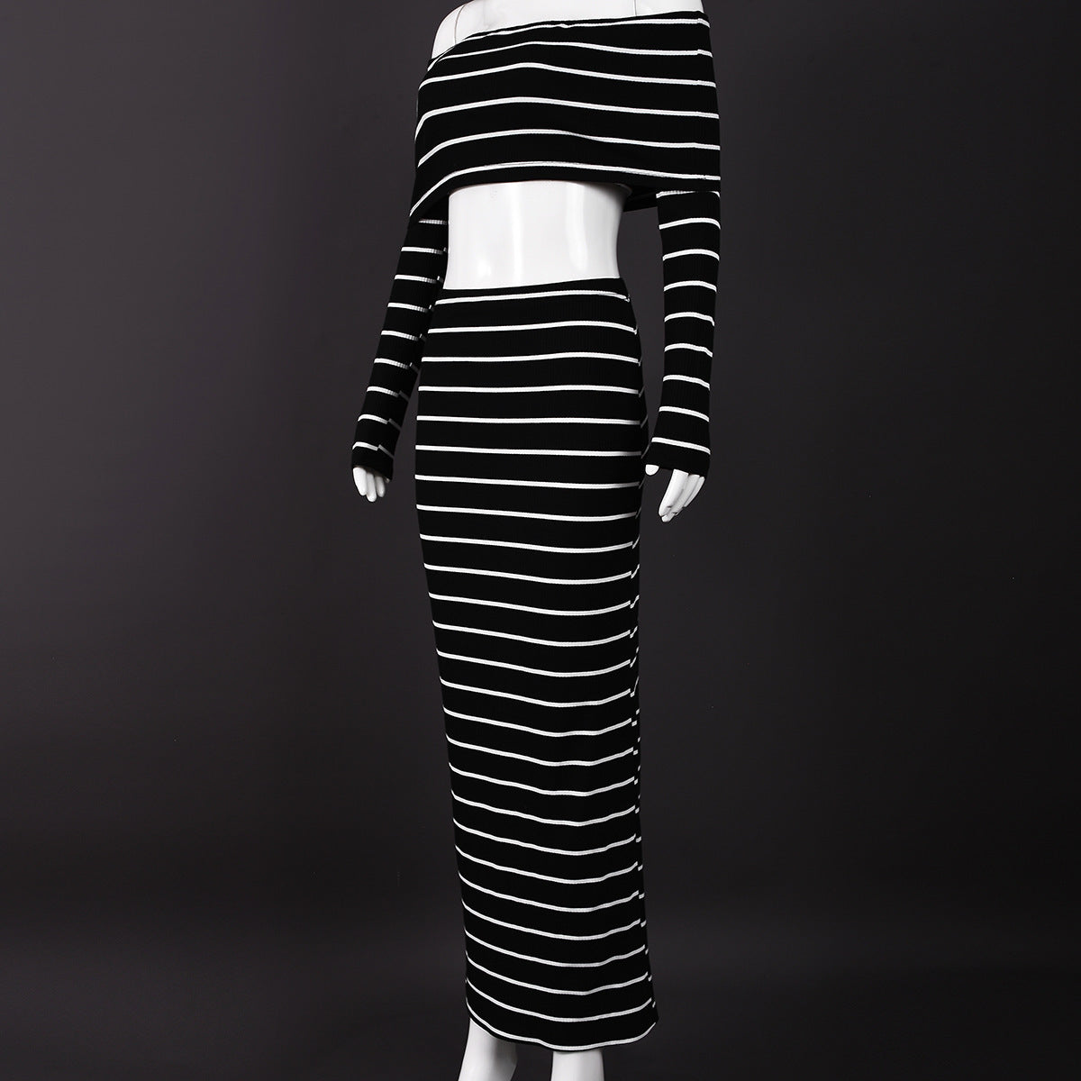 Women Fall/Winter Striped Off-Shoulder Crop Top and Skirt Two-Piece Set 5