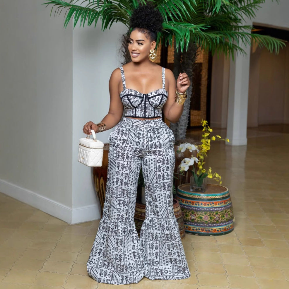 Women's Fashion Black/White Print Strap Top High-Waist Bell Bottom Pants Two-Piece Set 4