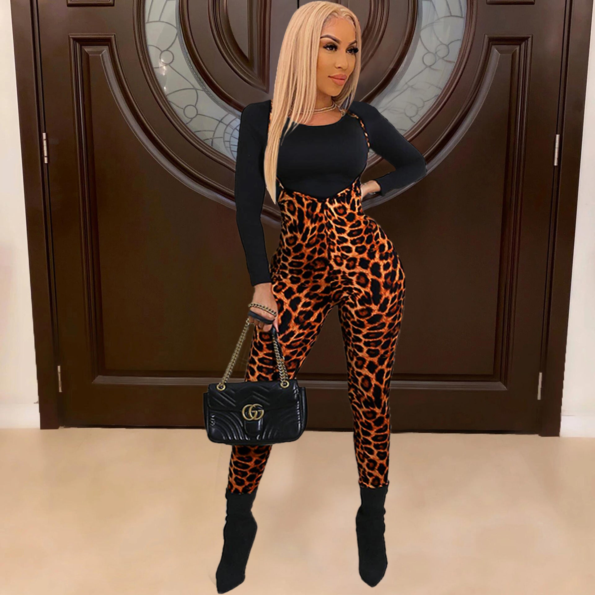 Spring Printed Long-Sleeved Slim Fit Women's Strap Casual Two Piece Pants Set 7