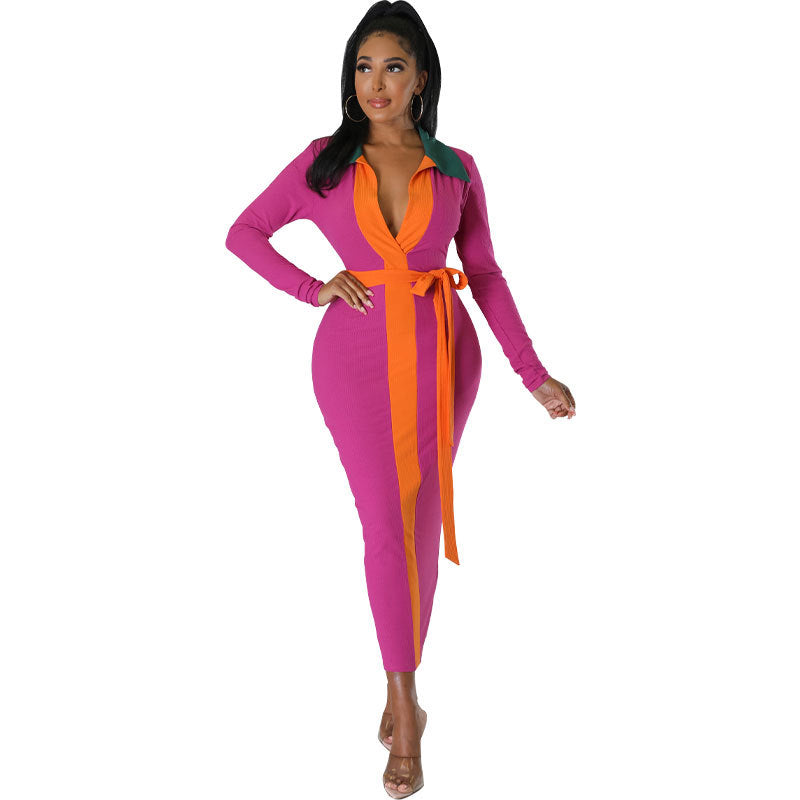 Women Fall Long Sleeve Contrast Belt Dress 7