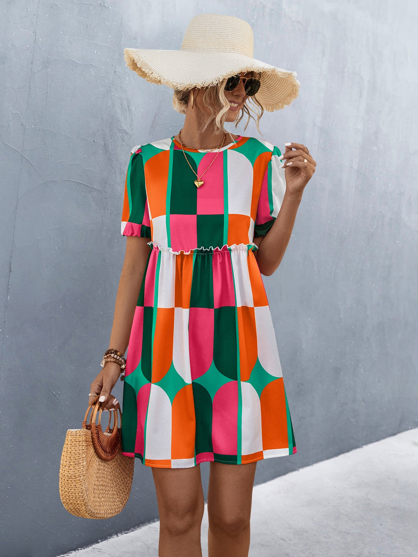 Spring Women's Round Neck Puff Sleeve Printed Dress 7