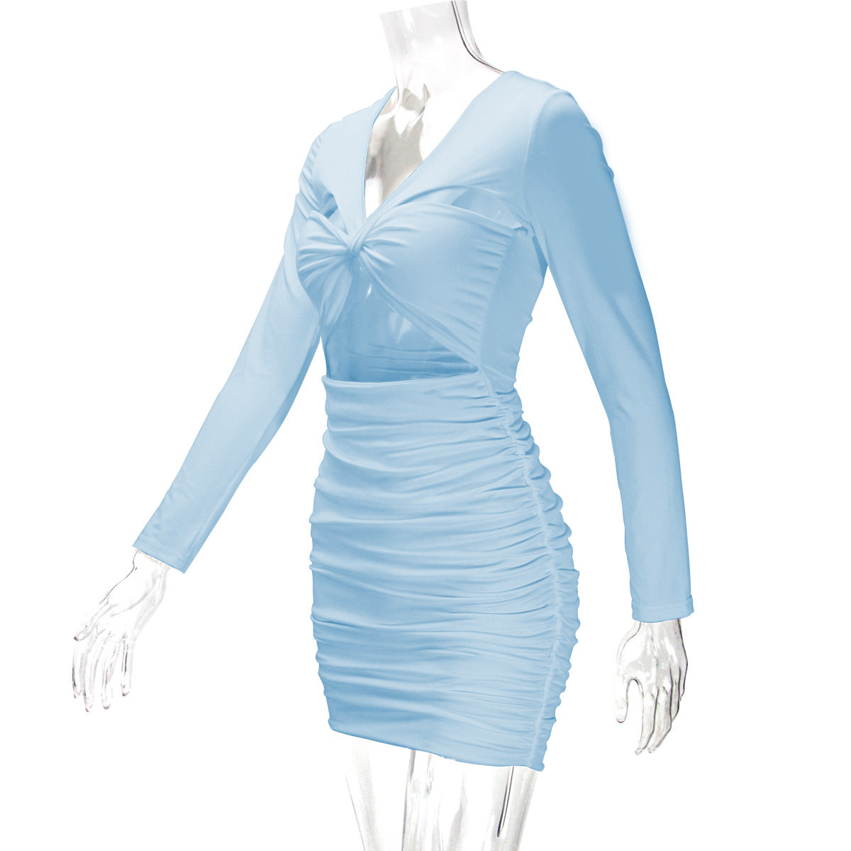 Women Sexy Hollow Long Sleeve Pleated Bodycon Dress 14