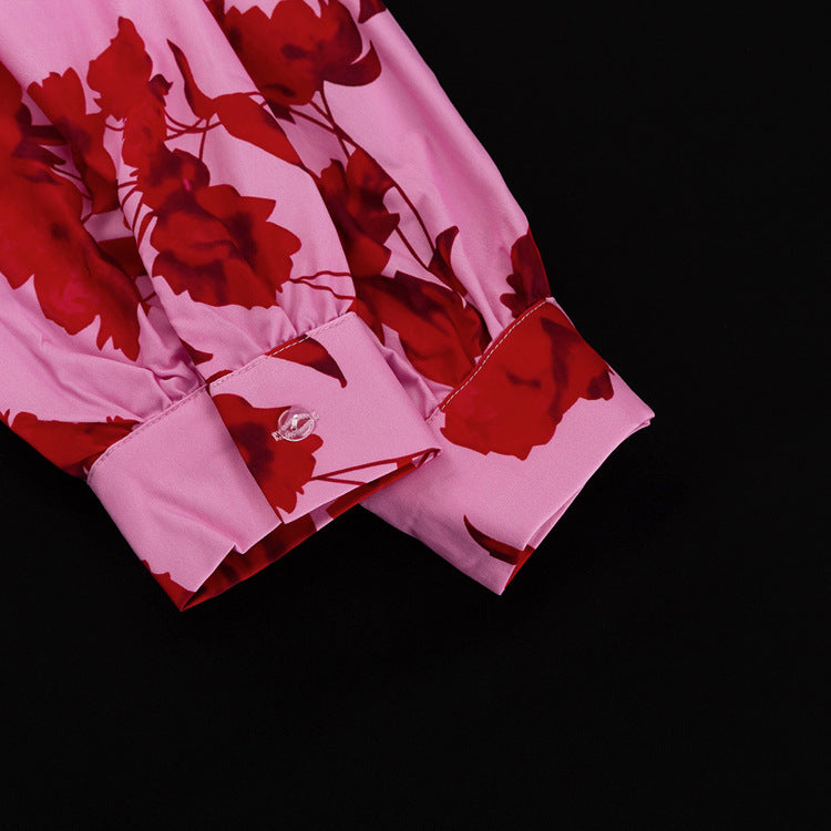 Fashion Print Turndown Collar Long Sleeve Shirt High Waist Split Short Skirt Two Piece Set 13