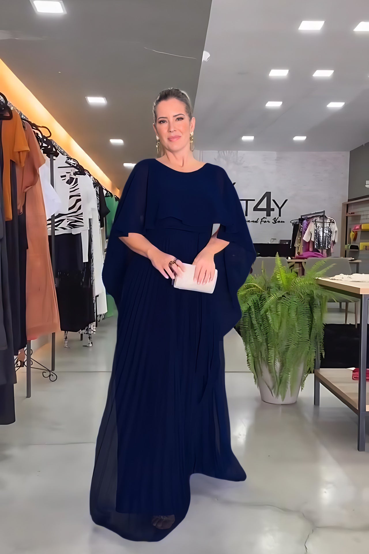 Chic Solid Color Shawl Evening Dress High Waist Womens Chiffon Pleated Dress