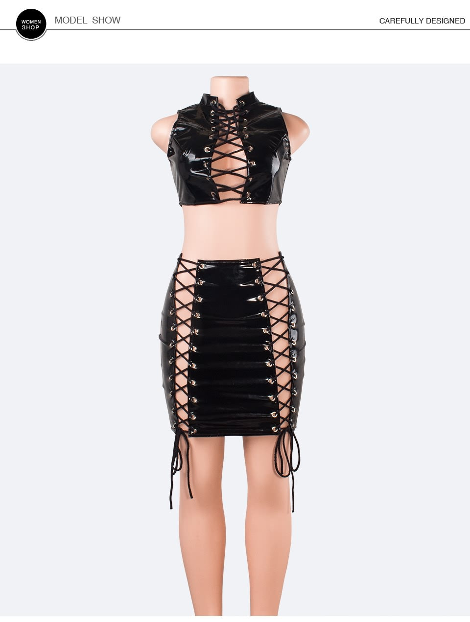 Women Sexy Lace-Up Cutout PU-Leather Top and Skirt Two-Piece Set 10