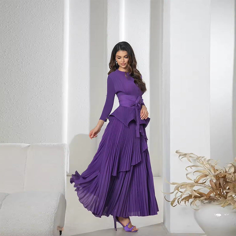 Women Solid irregular lace pleated Top and Skirt two-piece set 9