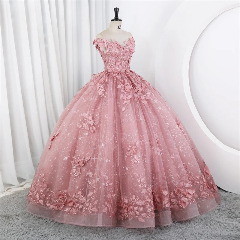Women Puffy Tulle Embroidered Off-Shoulder Performance Costume Ball Gown 27