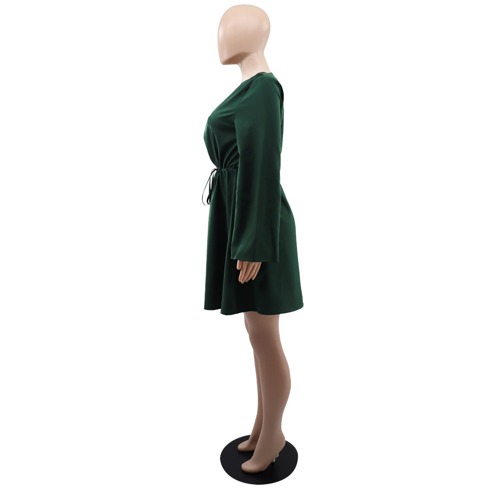 Bell Sleeve Drawstring Slim Waist Casual Women's Dress 14