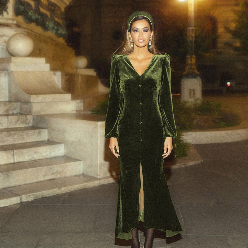 Women Autumn Knittingv Collar Solid Padded Shoulder Long Sleeve Slit Evening Dress 5