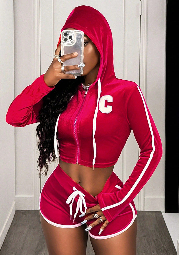 Women's Autumn Fashion Solid Color Long Sleeve Hooded Top Sport Shorts Set