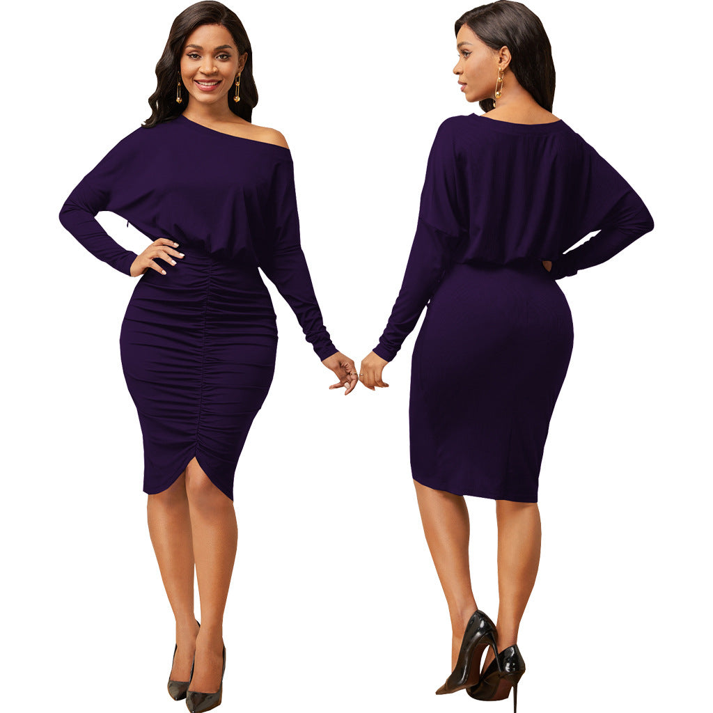 Sexy Fashion Solid Color Slash Shoulder Wrinkled Women's Dress 7