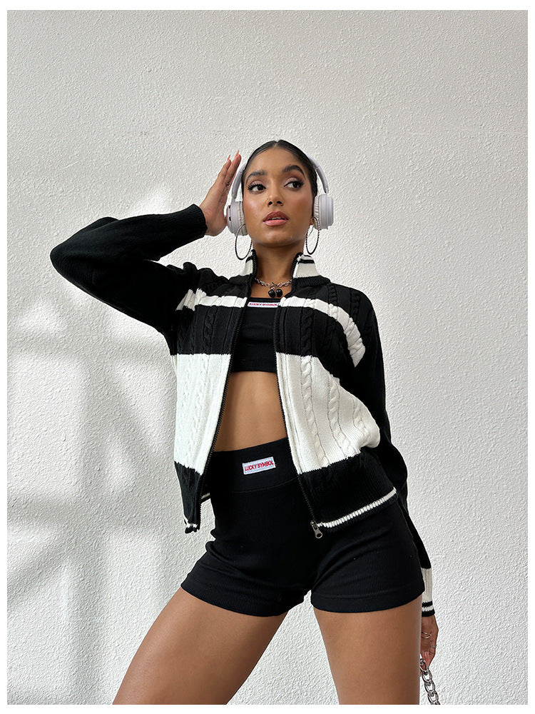 Women autumn and winter sports Casual black and white striped long sleeve sweater 5