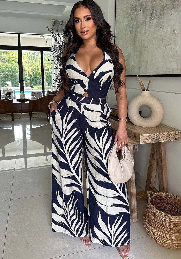 Women Printed Halter Neck Top and Wide-leg Pants Two-piece Set