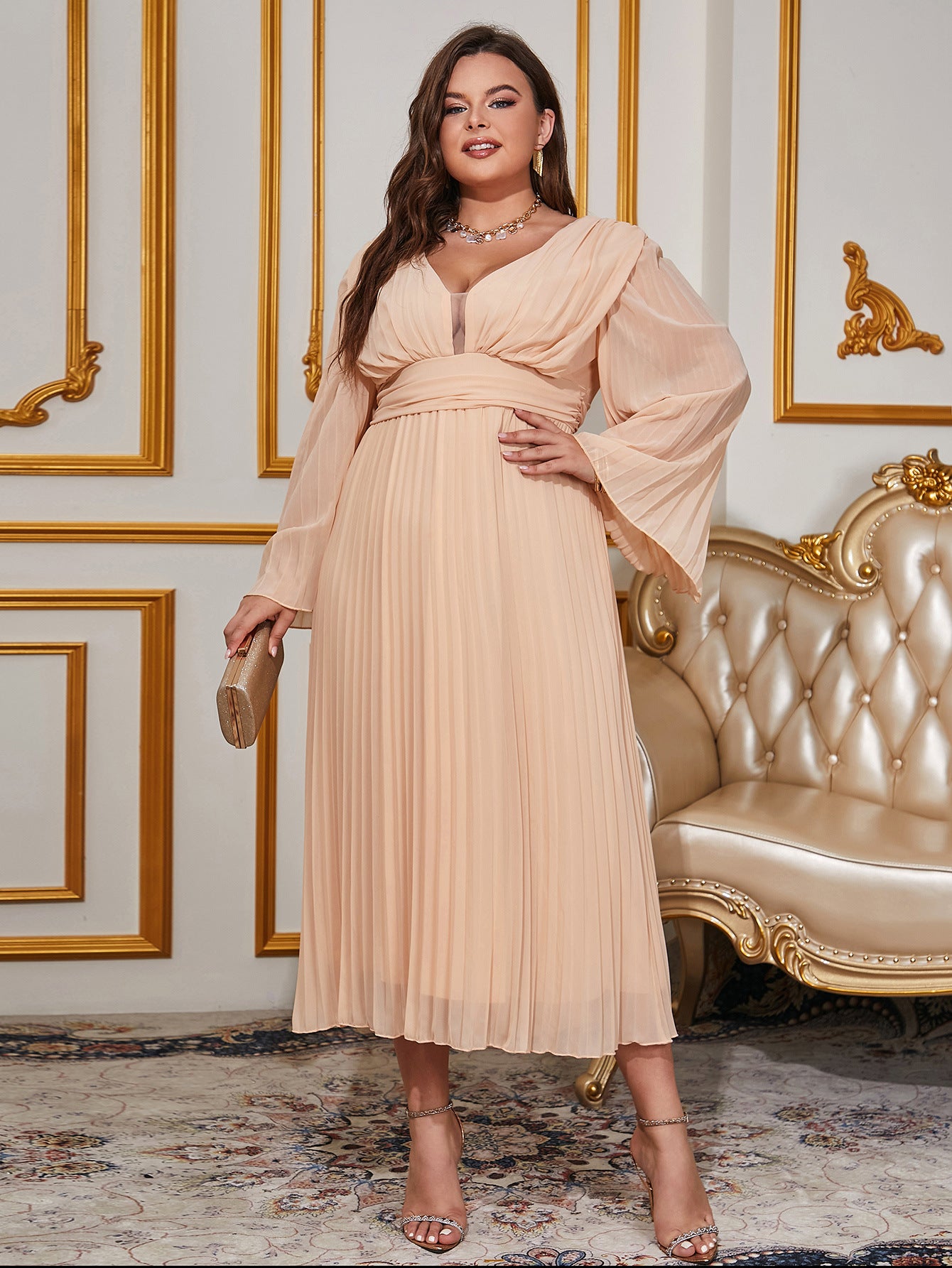 Plus Size Women Pleated V Neck Long Sleeve Chiffon Dress 9