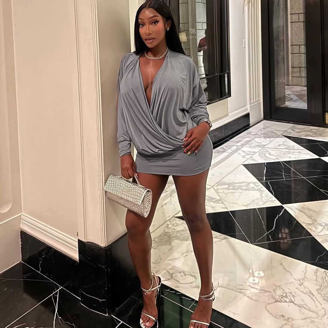 Autumn Outfit Sexy Fashion Deep V-Neck Long Sleeve Bodycon Dress 11