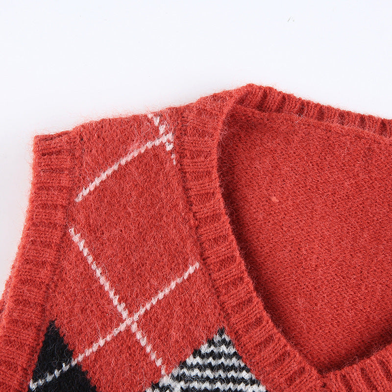 Women Solid Plaid Sleeveless V-Neck Sweater 45