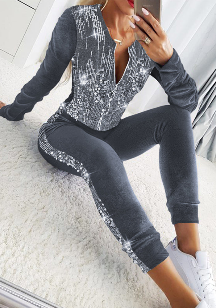 Women velvet Sequins Pleated Zipper Top and Pant Set