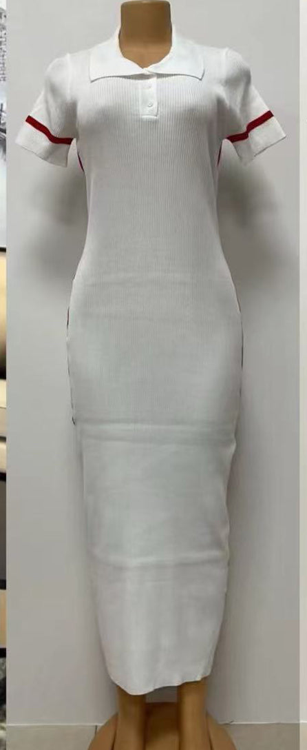 Women's Fashion Turndown Collar V-Neck Short Sleeve Knit Midi Dress 3