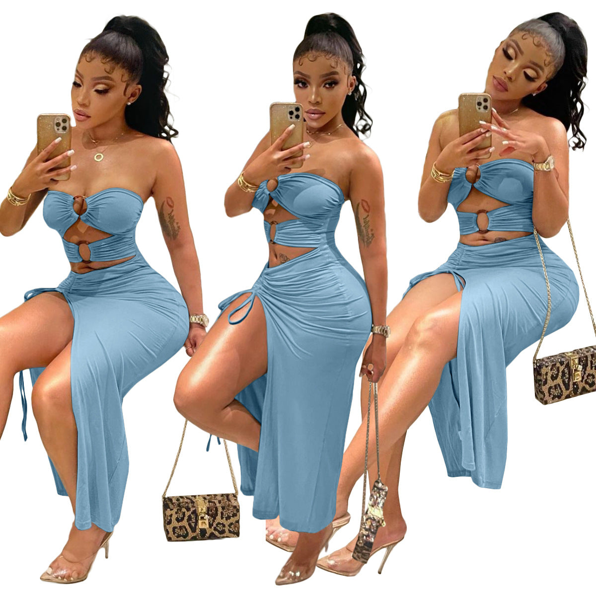 Spring/Summer Strapless Buckle Hollow Split Sexy Long Dress 7