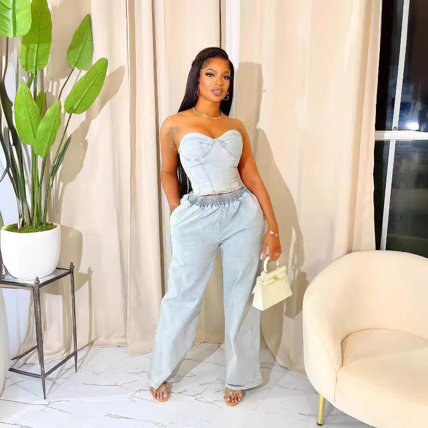 Women casual stretchy denim sleeveless top and pant two-piece suit