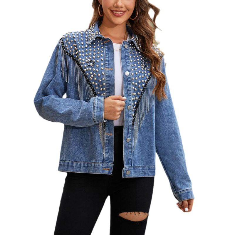 Autumn Rivet Tassel Long Sleeve Denim Jacket For Women 6